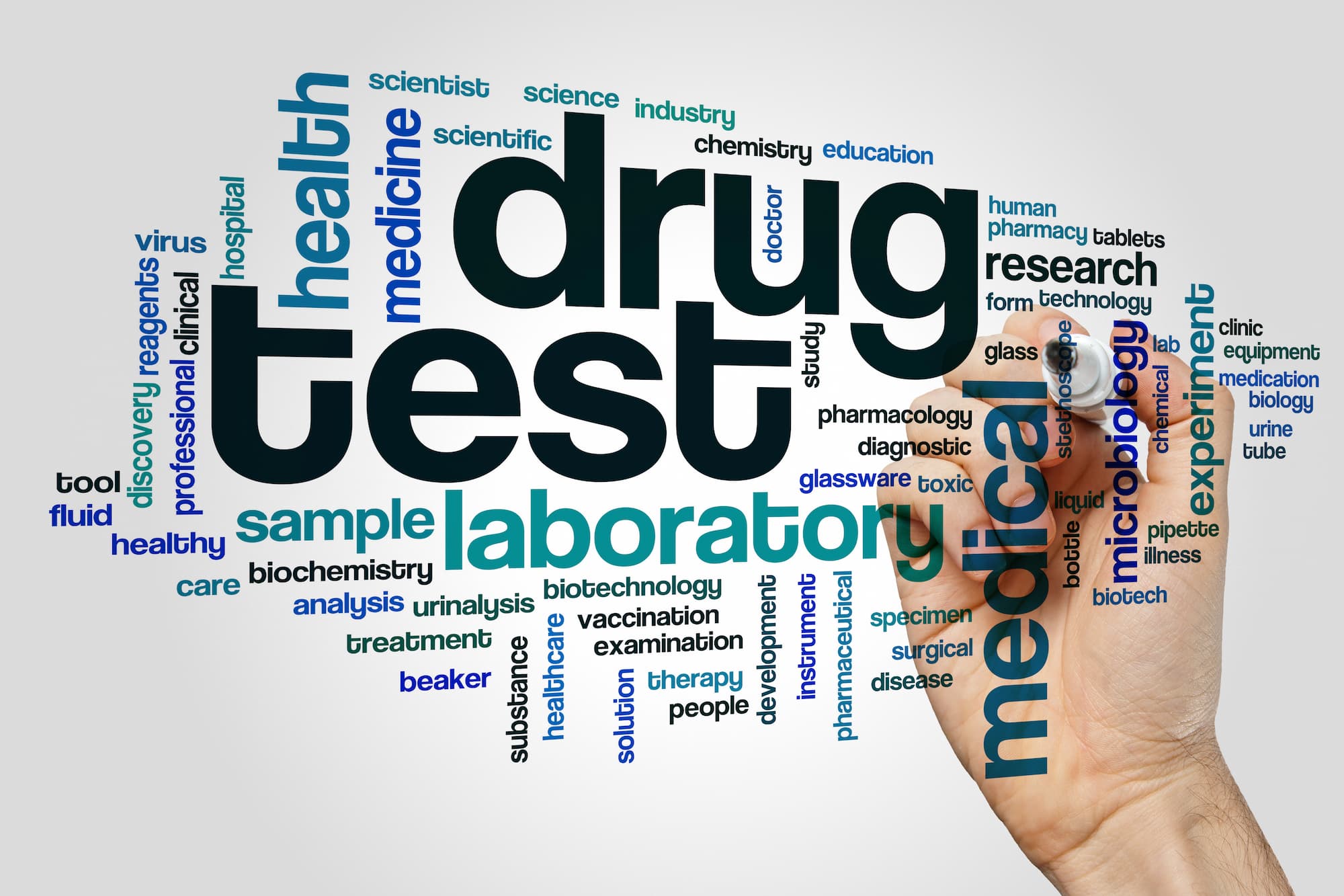 an illustrated image with various words displayed relating to drug test with a hand and marker in the background writing these words an illustrated image with various words displayed relating to drug test with a hand and marker in the background writing these words